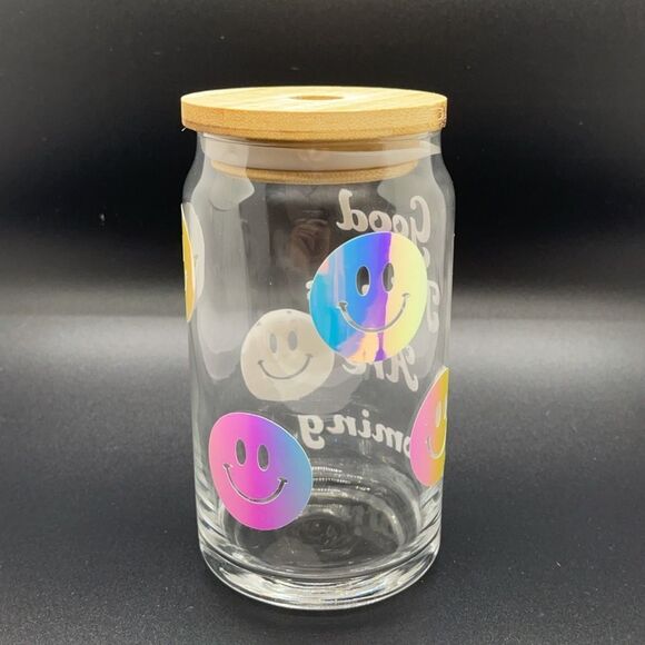 NWT WOOL + PEPPER CO. Good Things Holographic Glass Can Cup w/ Bamboo Lid - Picture 3 of 5